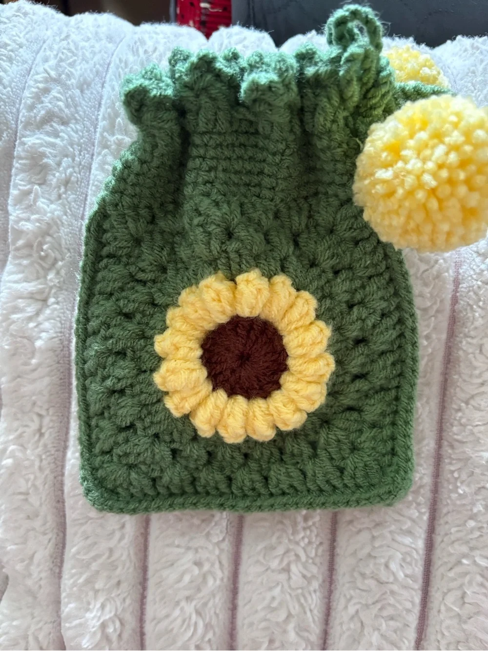 Handmade Green Kids Drawstring Beanie with Yellow Sunflower